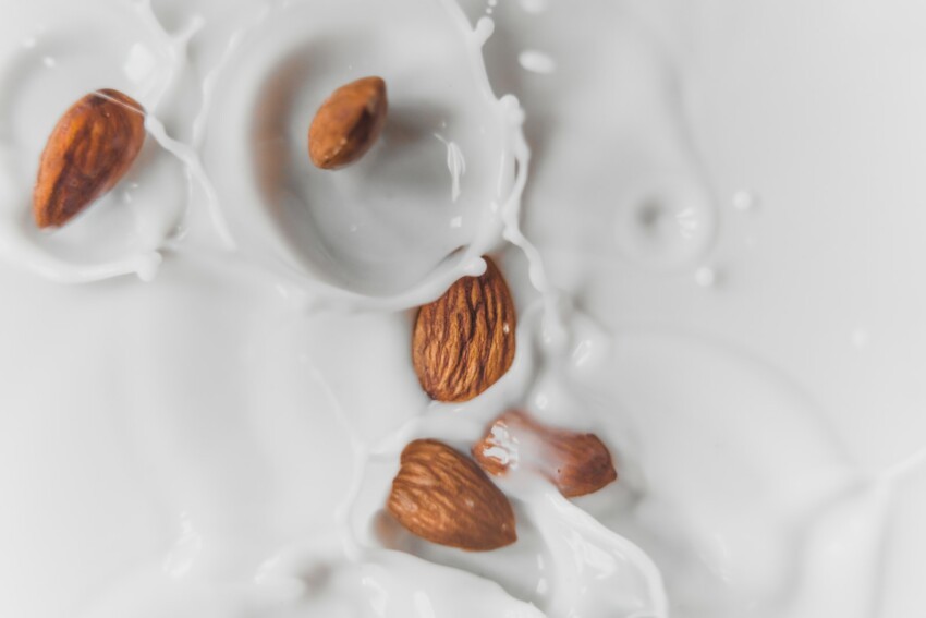 brown and white chocolate on white ceramic plate almond milk
