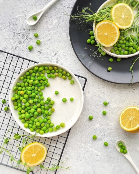 green peas on white ceramic bowl
